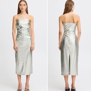 ICHI Kate Silver Metallic Faux Leather Draped Strapless Midi Dress Medium